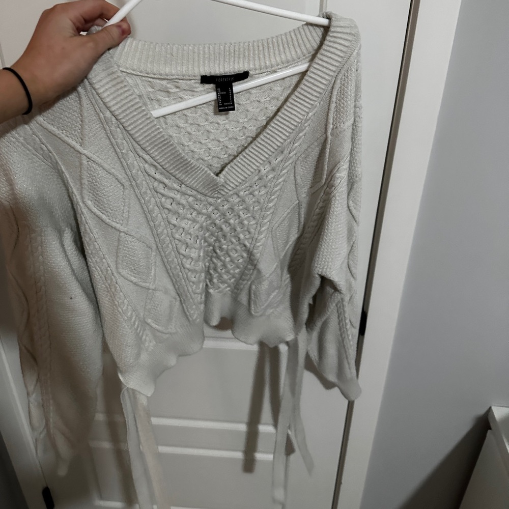 White cropped sweater with ties on the side